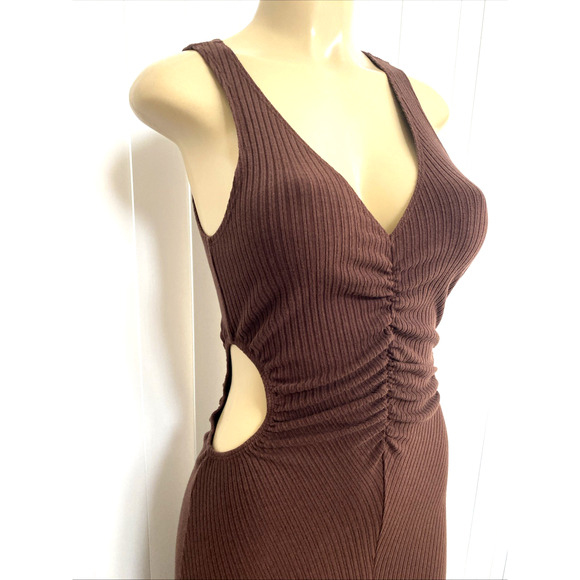 Reformation Brynlee Dress Brown V Neck Sleeveless Ribbed Knit Cut Out Waist S - Picture 3 of 10